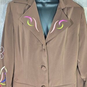 Psalm CIV Blazer 12 Brown Floral Embroidered Western Boho‎ Y2K Jacket